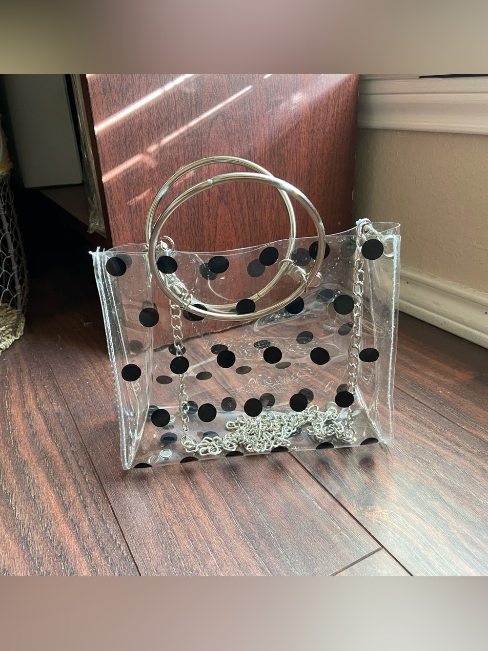 CLEAR SEE THROUGH HAND BAG BLACK POLKA DOTS ROCKABILLY